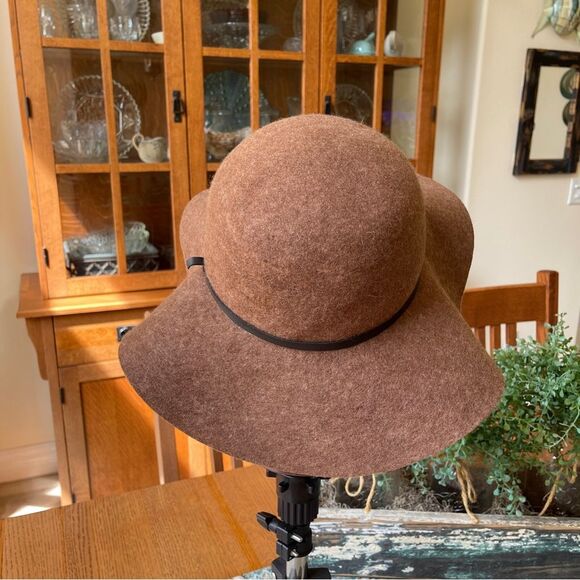 Wool felted brown wide brim hat with leather trim  7.5” across inside main image 6
